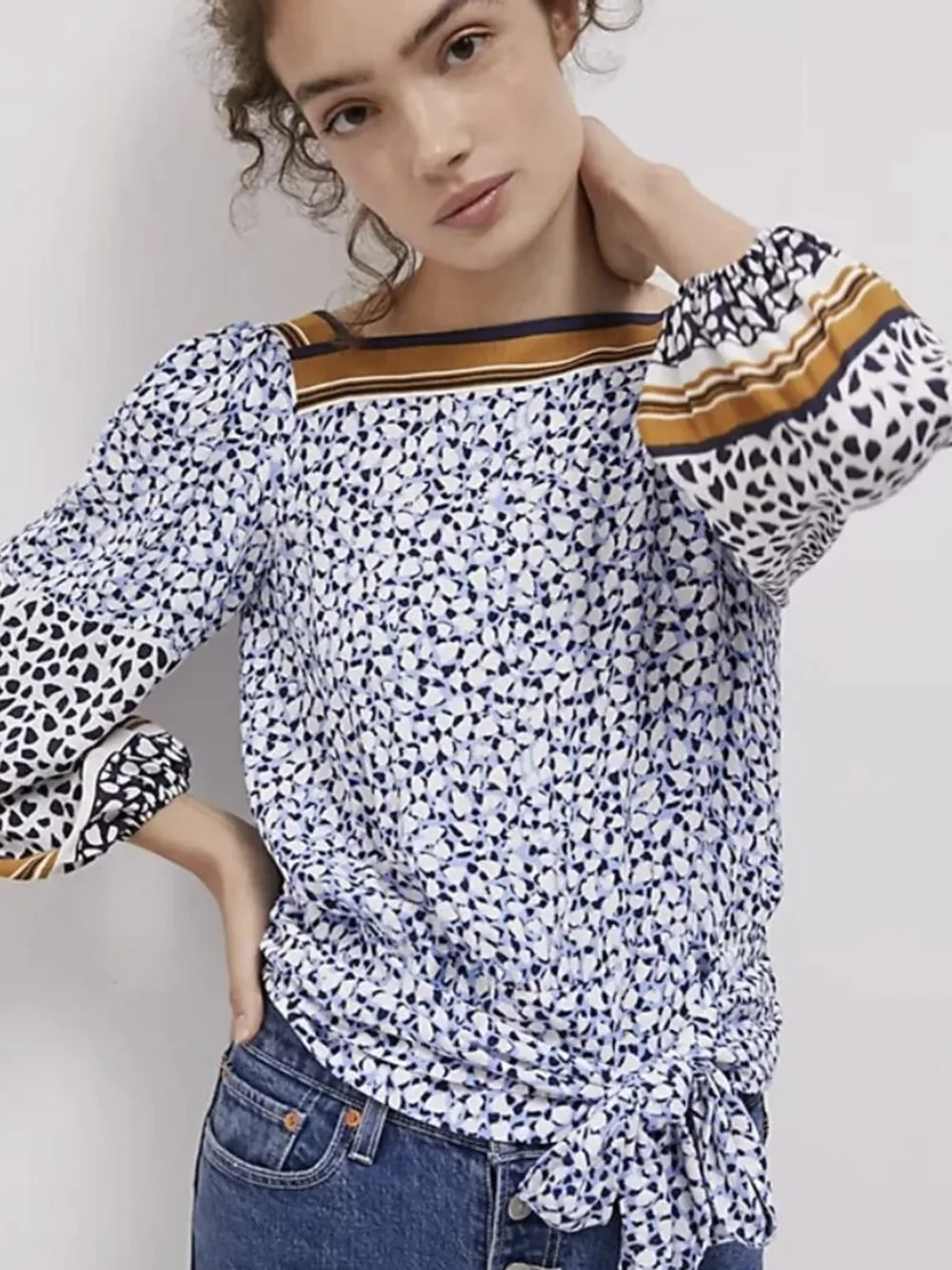 Anthropologie Blue White and Mustard Mixed-Print Puff-Sleeve Blouse